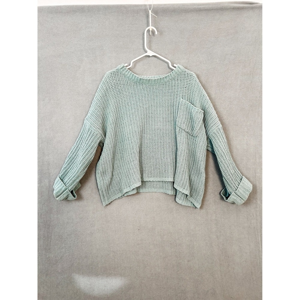 Aaron & Amber Mint Green Chunky Open Knit Cropped Sweater Pocket S/M MAS1303